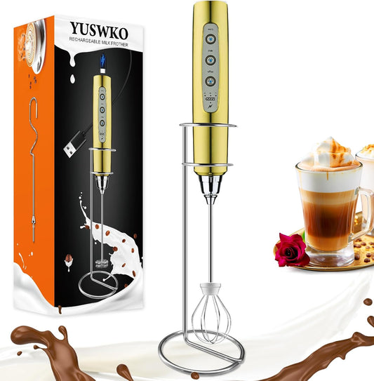YUSWKO Handheld Milk Frother - Rechargeable Electric Whisk with Stand & 3 Speed Settings for Coffee, Latte, Cappuccino, Hot Chocolate