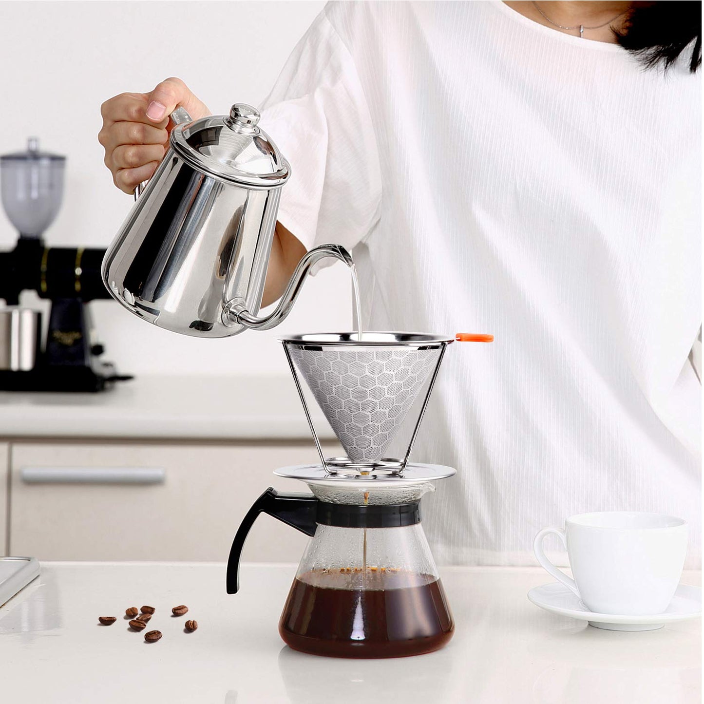 E-PRANCE Pour Over Coffee Dripper, Stainless Steel Coffee Filter Reusable Pour Over Coffee Filter Cone Coffee Dripper with Removable Cup Stand and Bonus Brush