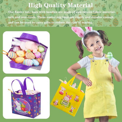 JWSCYSY 6Pcs Easter Non-woven Bags with Handle, Happy Easter Gift Bags for Kids, Treat Bags Rabbit Bunny, Reusable Easter Goodie Bags-Waterproof