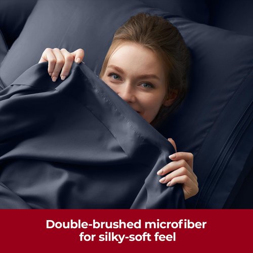 Mellanni Extra Deep Twin XL Sheets - 3 PC Iconic Collection Bedding - Hotel Luxury, Ultra Soft, Cooling Bed Sheets - Wrinkle, Fade, Stain Resistant (Twin Extra Long, Navy Blue)