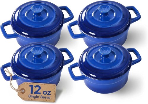 Lareina Mini Cocotte - 12oz Ceramic Casserole Dishes with Handles & Lid - Oven Safe Set of 4 - Blue