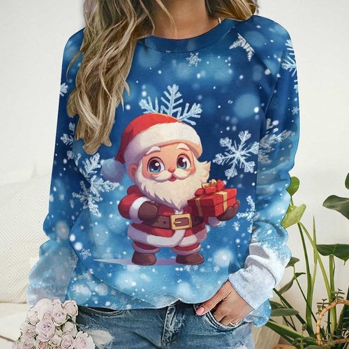 LOAIHA Christmas Sweatshirt - Women’s Long Sleeve Pullover with Tree & Snowman Graphic | Festive Winter Top