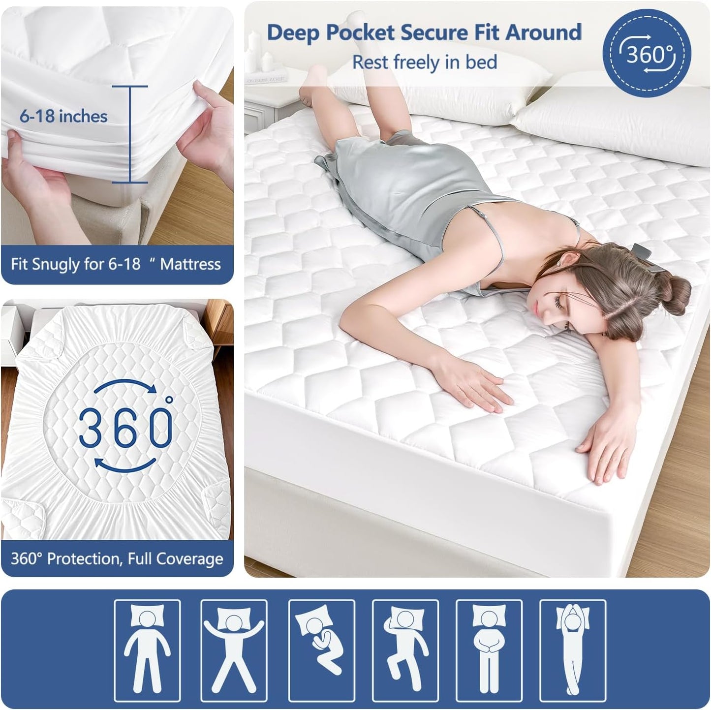 Skiennix Queen Mattress Protector - Waterproof & Washable Fitted Cover | Soft, Noiseless, Deep Pocket (White)