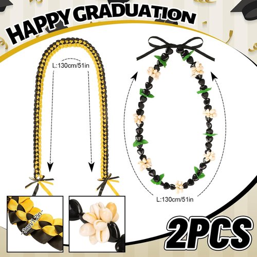 FYSUIMU Graduation Ribbon Lei - Handmade Black & Gold Kukui Nut Necklace for College Grads | 2 Pcs Set
