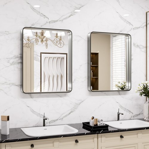 LOAAO 20x16 Inch Brushed Nickel Bathroom Mirror, Rounded Rectangle Silver Metal Frame Mirror, Brushed Nickel, Anti-Rust, Shatter Proof, Hangs Horizontally or Vertically