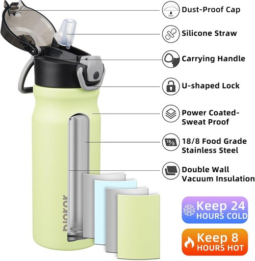 BJPKPK Insulated Water Bottle - 18oz Stainless Steel Flask with Straw & Carry Handle | Macaron Green