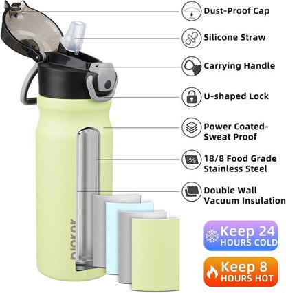 BJPKPK Insulated Water Bottle - 18oz Stainless Steel Flask with Straw & Carry Handle | Macaron Green