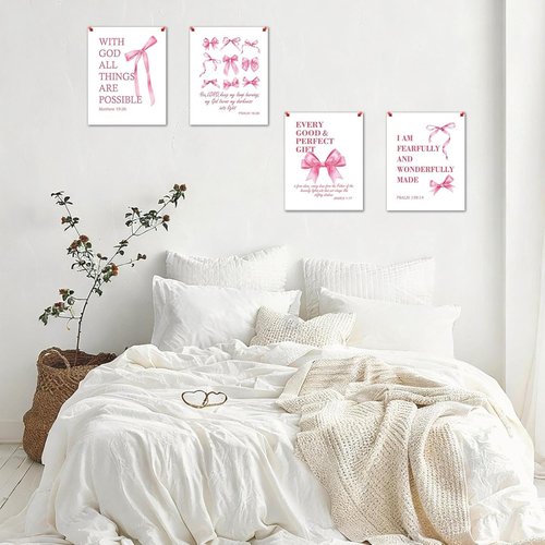 Hapons Coquette Pink Bow Wall Art | Inspirational Christian Decor for Teen Girls - 8''x10'' Unframed Prints (4 PCS)