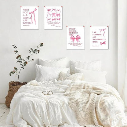Hapons Coquette Pink Bow Wall Art | Inspirational Christian Decor for Teen Girls - 8''x10'' Unframed Prints (4 PCS)
