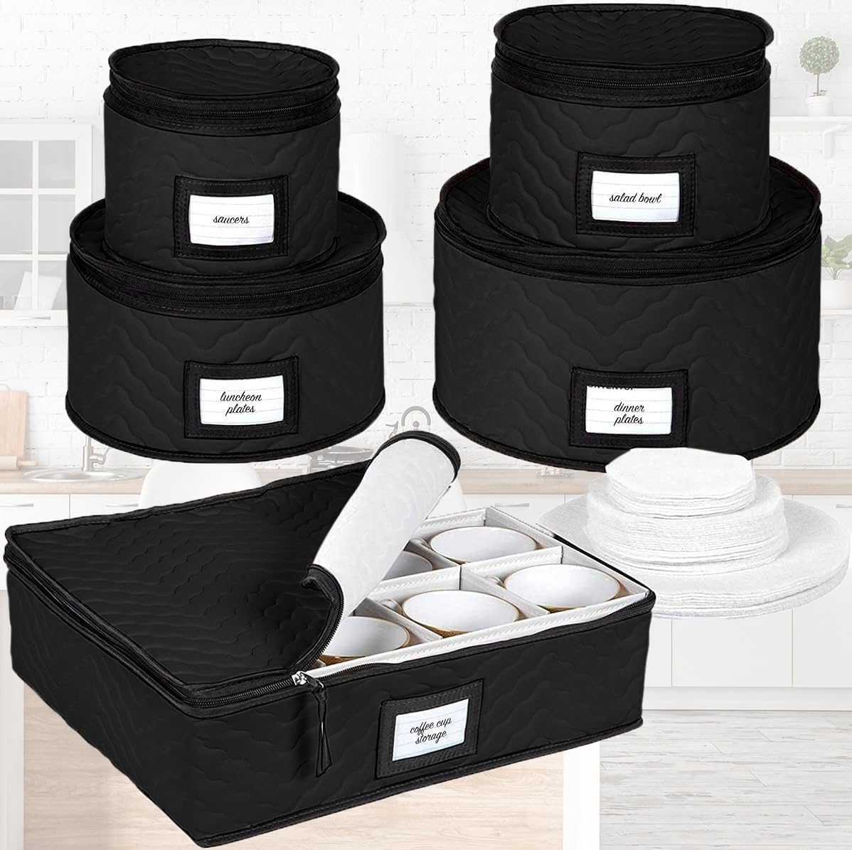 China Storage Containers - 5-Piece Quilted Microfiber Dish Organizer Set for Dinnerware | Holds 12, Black