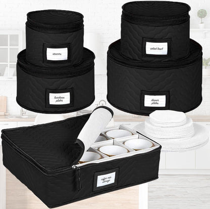 China Storage Containers - 5-Piece Quilted Microfiber Dish Organizer Set for Dinnerware | Holds 12, Black