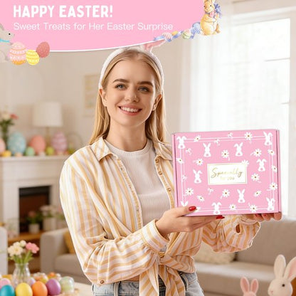 Frerdui Easter Gifts for Women & Teens, Prefilled Easter Basket Stuffers Essentials for Adults & Teen Girls with Bunny Glass Cup, Scented Candle, Socks & Bracelets