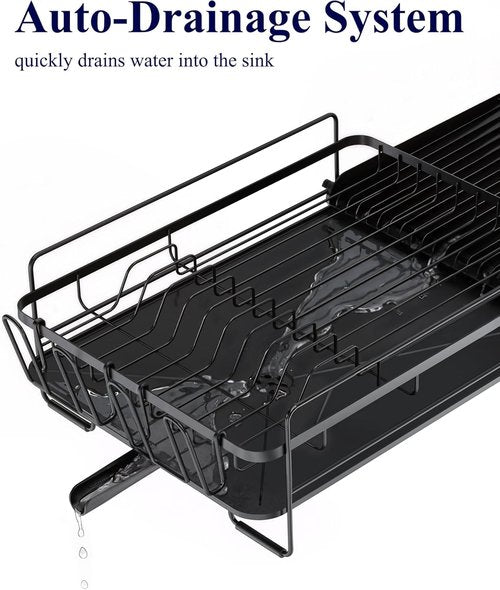 Kitsure Large Dish Drying Rack - Extendable Multifunctional Kitchen Rack with Anti-Rust Design | 19.2"-26.7" L x 12.9" W, Black
