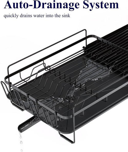 Kitsure Large Dish Drying Rack - Extendable Multifunctional Kitchen Rack with Anti-Rust Design | 19.2"-26.7" L x 12.9" W, Black