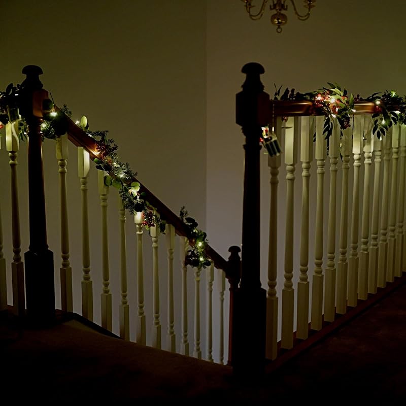 2 Pack 6ft Pre-lit Christmas Garland with Lights — Artificial Holly, Berries & Pine Cones (Variation: Willow Leaf)