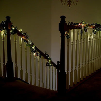 2 Pack 6ft Pre-lit Christmas Garland with Lights — Artificial Holly, Berries & Pine Cones (Variation: Willow Leaf)