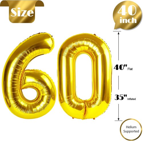 Gold Number 60 Balloon - 40-Inch Golden Birthday Decoration for 60th Celebration | Perfect for Men & Women