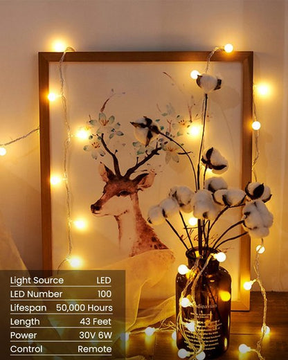 Globe 43 Ft String Lights - 100 LED Fairy Lights with Remote & Timer | Warm White Indoor/Outdoor Decor