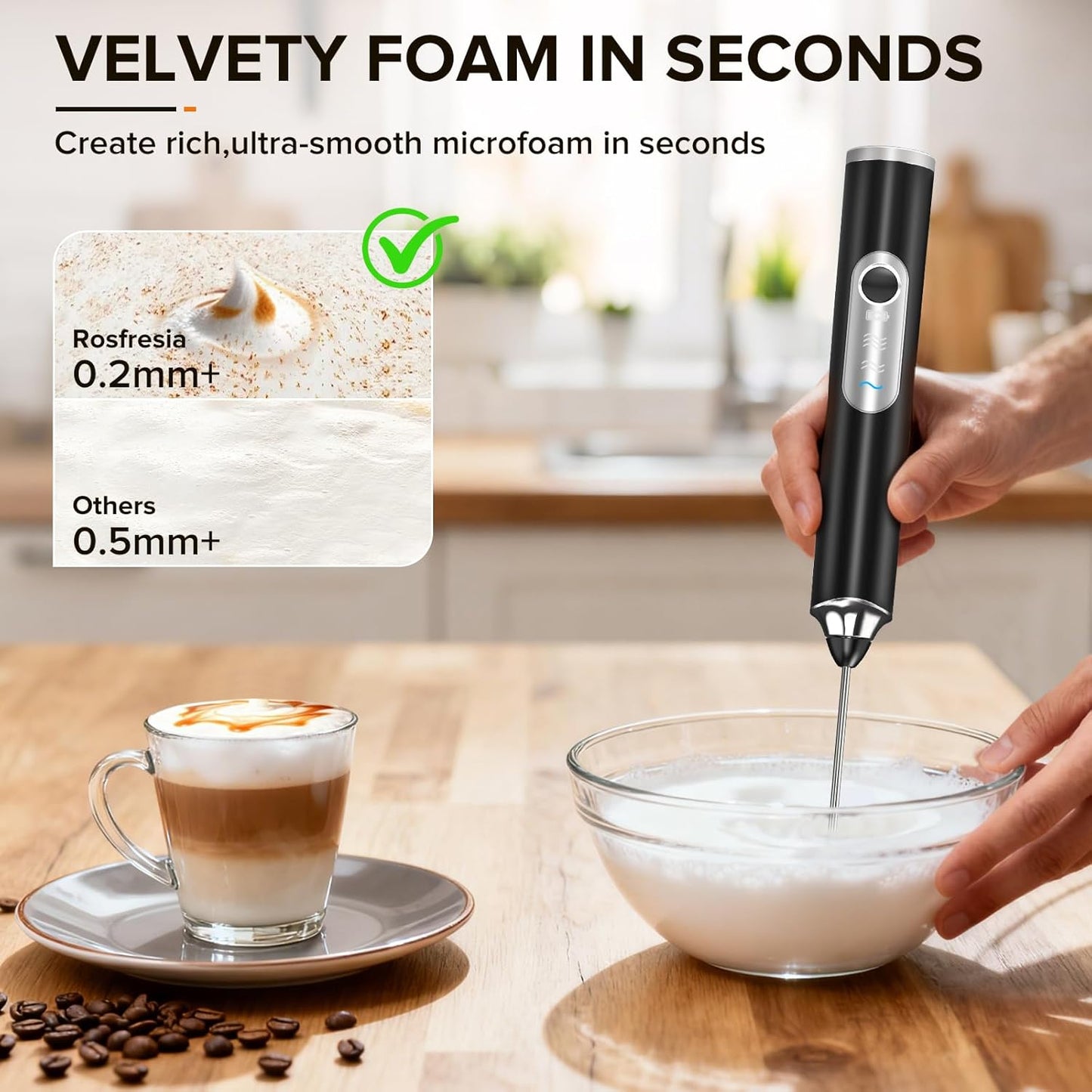 Skiennix Handheld Milk Frother - 3-Speed Rechargeable Wand with 3 Detachable Whisks | Perfect for Coffee, Latte, Cappuccino, Matcha & More (Black)