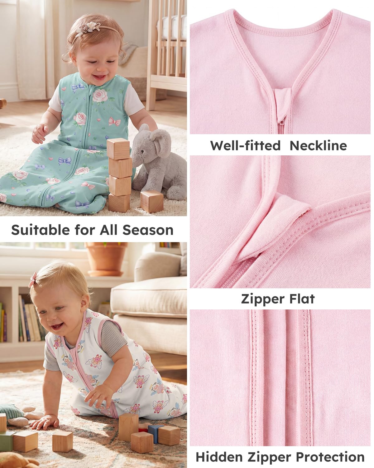 Yoofoss Baby Sleep Sack - 100% Organic Cotton Wearable Blanket for 18-24 Months | Lightweight 2-Way Zipper, TOG 0.5