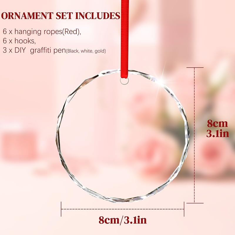 Set of 6 Personalized Clear Glass Ornaments 3'' – Blank Round Ornaments with Ribbons & Hooks (Variation: Clear-2)