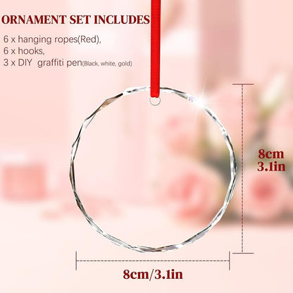 Set of 6 Personalized Clear Glass Ornaments 3'' – Blank Round Ornaments with Ribbons & Hooks (Variation: Clear-2)