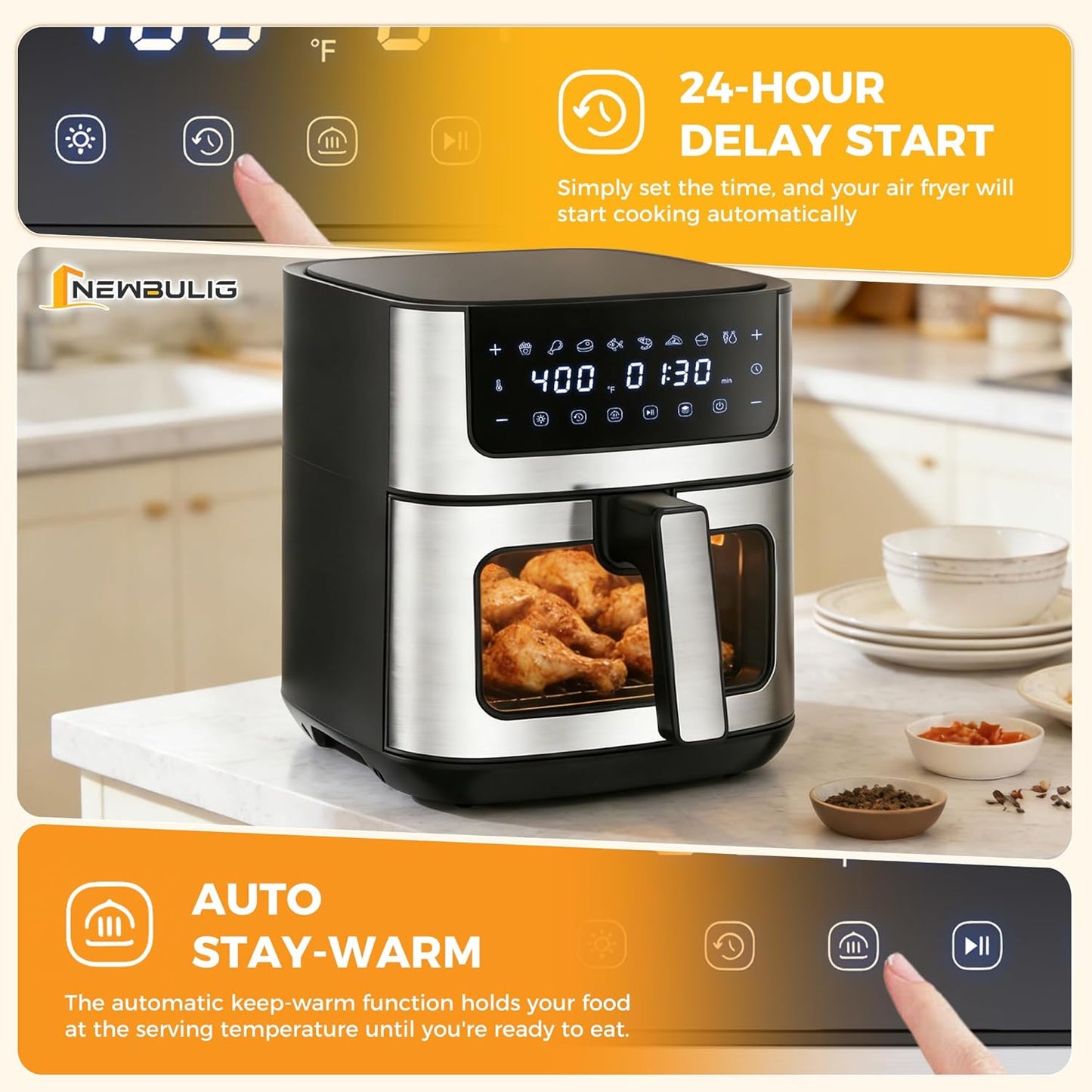 NEWBULIG Air Fryer 6.34QT - Fast Heating Air Fryer with Visible Window & Nonstick Basket | 8-in-1 Cooking Presets, Black