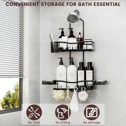 Reinhardt Rustproof Shower Caddy - Anti-Swing Organizer with Soap Holder & Hooks | Black