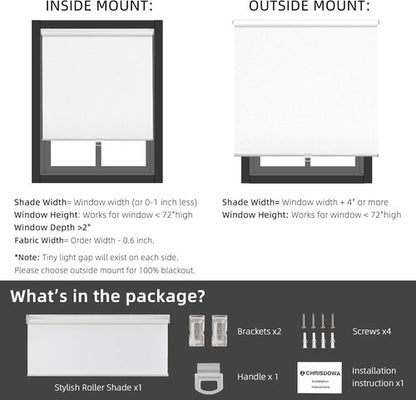 ChrisDowa Cordless 100% Blackout Roller Blinds - Thermal Insulated UV Protection | White, 31" W X 72" H