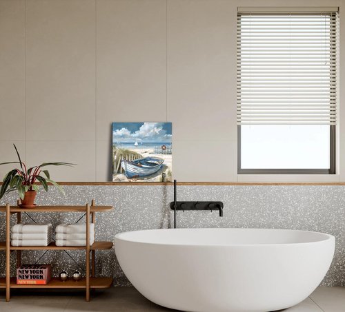 Bathroom Decor Beach Wall Art Ocean Theme Blue Picture Canvas Print Modern Coastal Artwork Framed Hanging Dining Office Living Room…