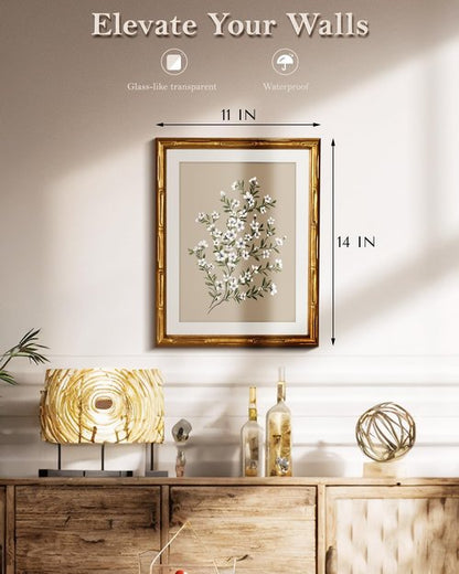 Framed White Flower Canvas Print - Minimalist Botanical Artwork with Gold Bamboo Frame | 11x14