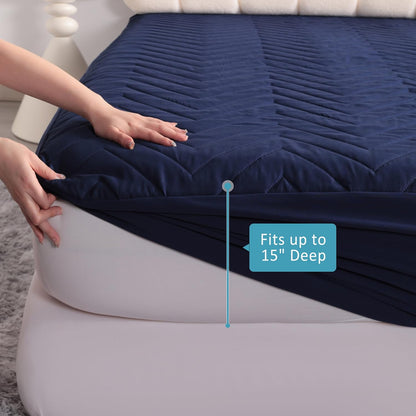 NTBAY Waterproof Mattress Protector - Quilted Twin Fitted Cover with 15" Deep Pocket | Soft, Breathable, Machine Washable - Navy Blue