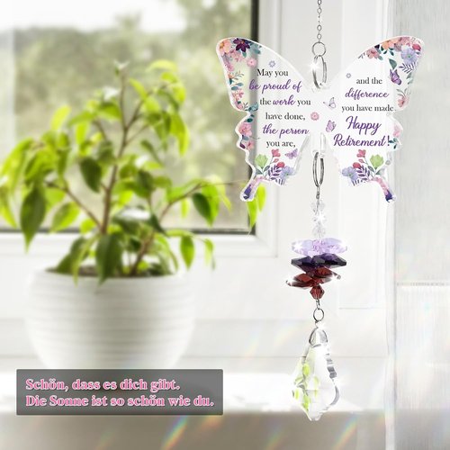 Funnli Retirement Gift for Women - Purple Crystal Window Hanging Decor | Butterfly Acrylic Plaque