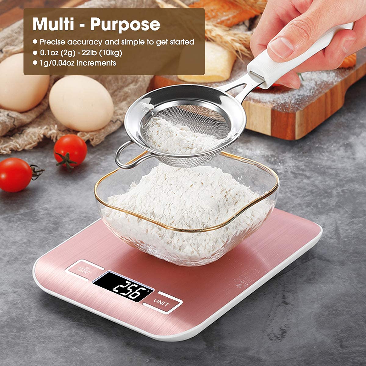 Mik-Nana Digital Kitchen Scale - 10kg/22lb Capacity, Pink Color, Precise 1g Graduation, Easy Clean Stainless Steel