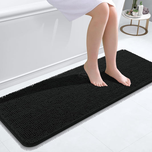 OLANLY Bathroom Runner Rugs - Extra Soft Chenille Bath Mats | Quick Dry, Machine Washable, 47x17, Black