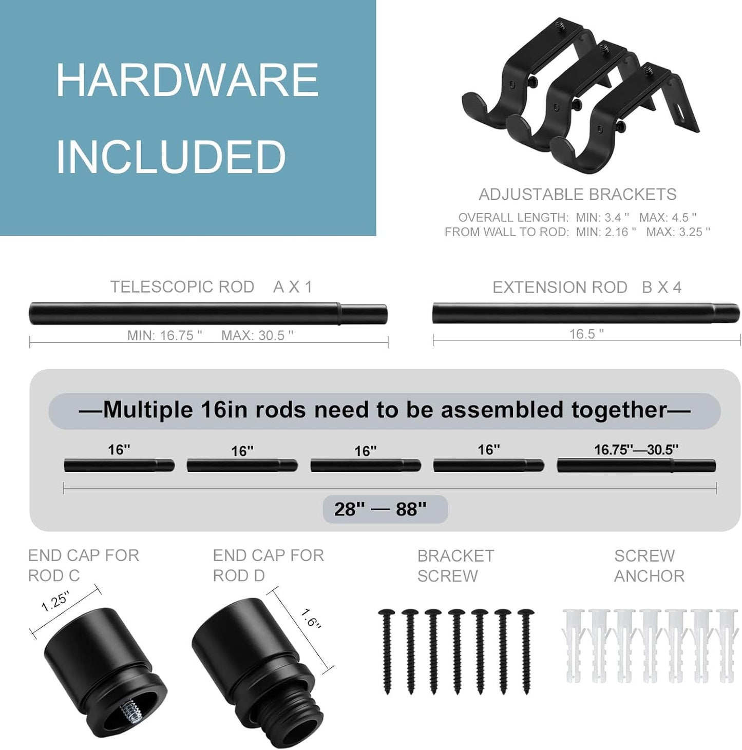 Byondeth Curtain Rods - Adjustable 16 to 88 Inches | 1 Inch Diameter | Black Aluminum Finials - 2 Pack