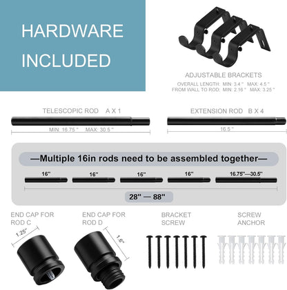 Byondeth Curtain Rods - Adjustable 16 to 88 Inches | 1 Inch Diameter | Black Aluminum Finials - 2 Pack