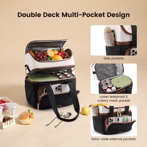 LOVEVOOK Insulated Lunch Bag - Large Double Deck Cooler Tote With Cup Holder | Leakproof & Adjustable Strap, 15L