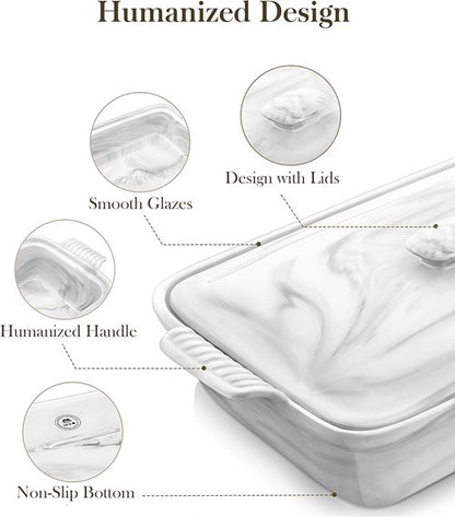 MALACASA Casserole Dish - 3.4 Quart Deep Ceramic Bakeware With Lid | Microwave & Oven Safe, Grey