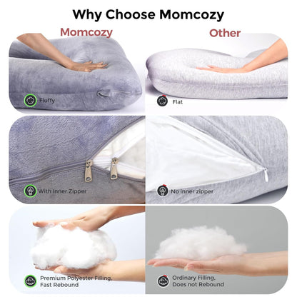 Momcozy U-Shaped Pregnancy Pillow - Full Body Support for Back, Legs & Belly | 57 Inch, Grey