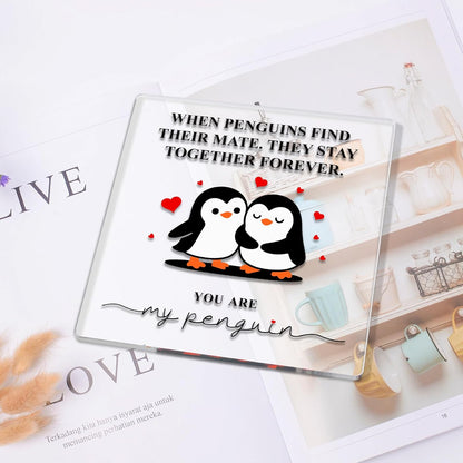Romantic Penguin Acrylic Plaque - 5.9x5.9 Inch Clear Acrylic Home Decor | Perfect Gift for Couples