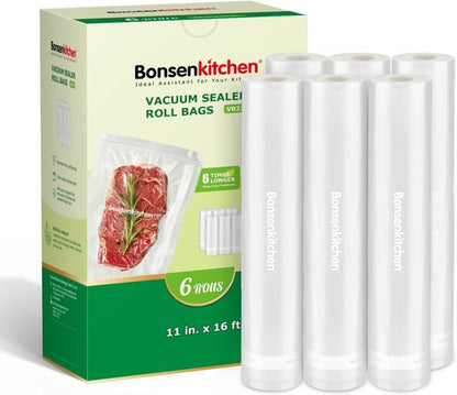 Bonsenkitchen Vacuum Sealer Bags - 6 Rolls of 11" x 16' | BPA-Free, Commercial Grade for Food Storage & Sous Vide