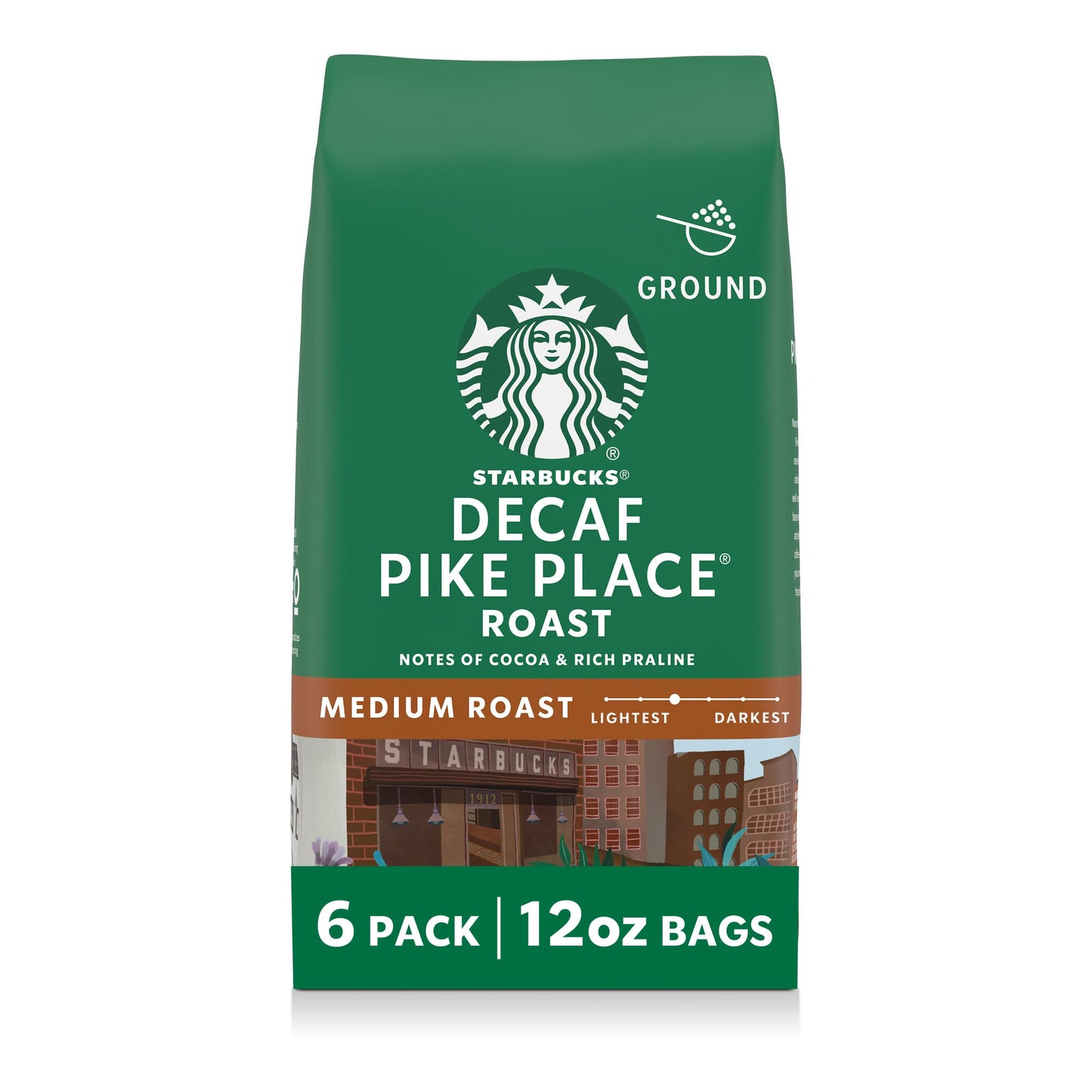 Starbucks Ground Coffee, Medium Roast Hot or Iced Coffee, Decaf Pike Place Roast, Six 12 oz Bags