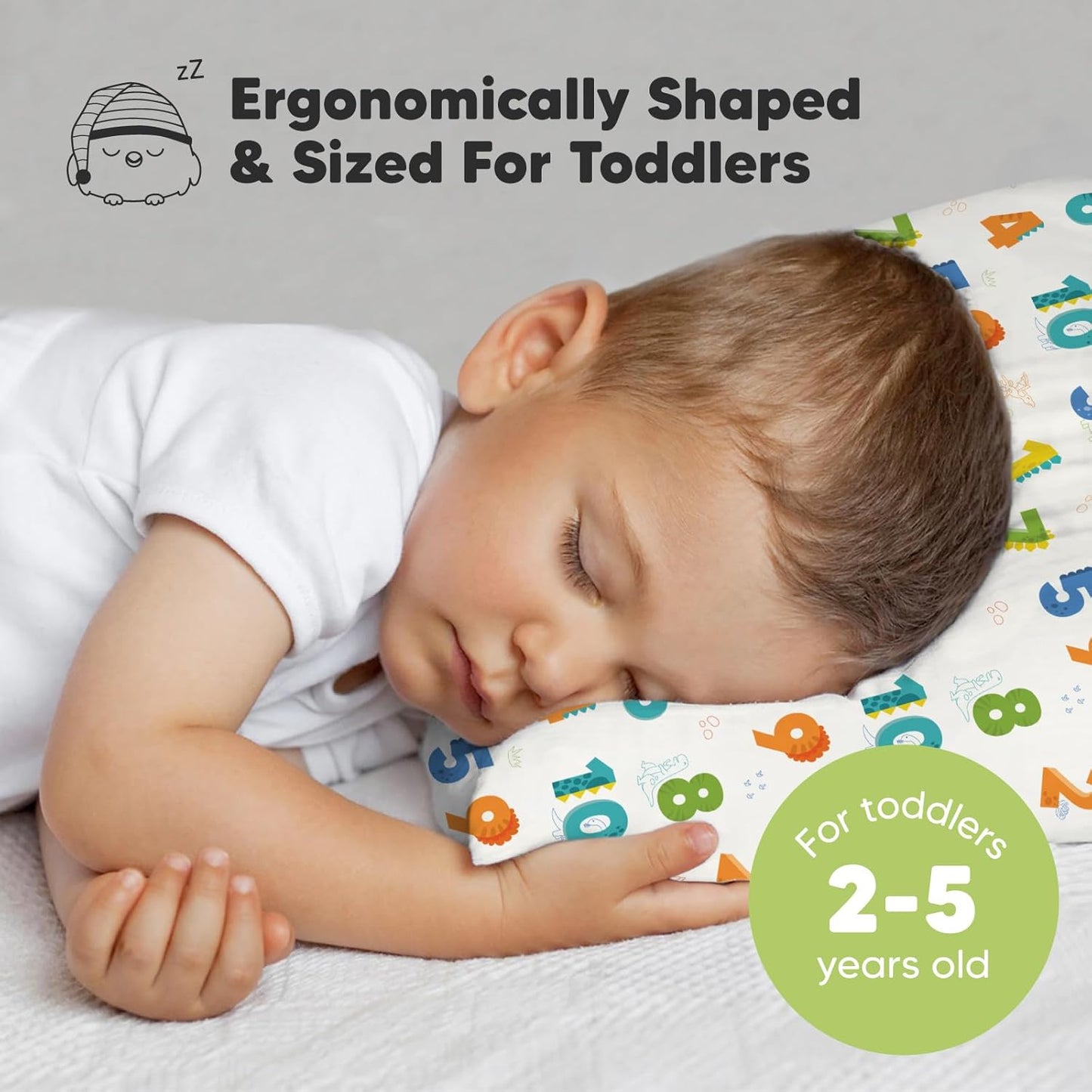 My Little Dreamy Toddler Pillow - Organic Cotton Travel Bed Pillow with Soft Pillowcase | 13x18 Inches, Machine Washable, Ideal for Ages 2-5 (Dino123)