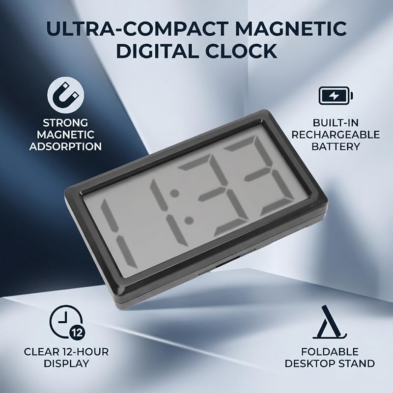 Small Digital Clock - Magnetic, 12-Hour Display, Portable Lightweight Desk Clock (Black)