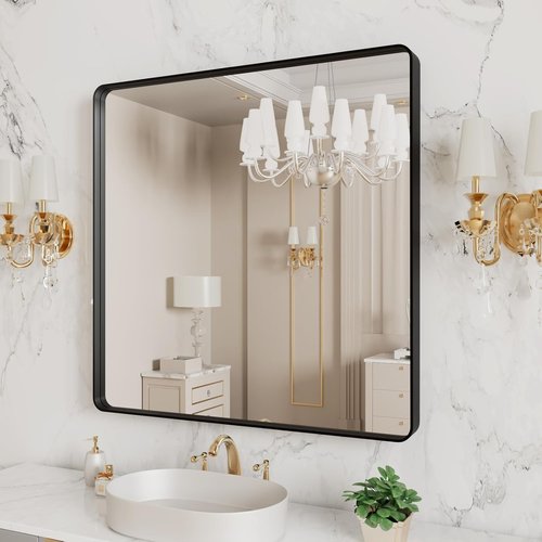 LOAAO Black Metal Framed Bathroom Mirror - 38x38 Inch Rounded Rectangle, Anti-Rust Tempered Glass, Versatile Hanging Options