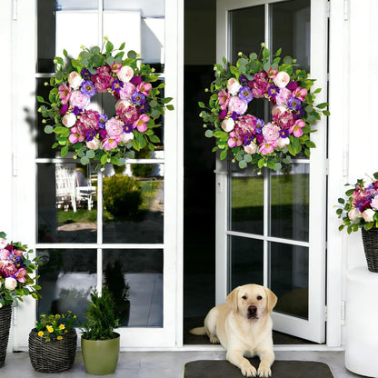 Regine Switzerland 24-Inch Spring Wreath - Blush Pink Roses & Purple Blooms for Home Decor | Indoor/Outdoor Use