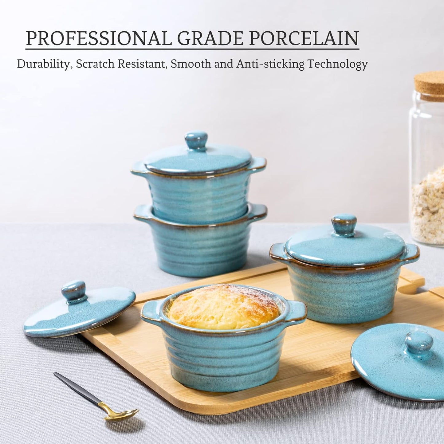 Regine Switzerland 8 oz Creme Brulee Ramekins - Oven Safe Mini Casserole Dishes Set of 4 in Reactive Blue