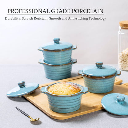 Regine Switzerland 8 oz Creme Brulee Ramekins - Oven Safe Mini Casserole Dishes Set of 4 in Reactive Blue