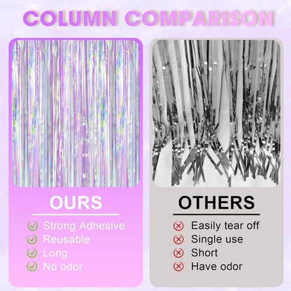 Voircoloria Iridescent Party Backdrop - 3 Pack Transparent Tinsel Foil Streamers | 3.3x8.2ft for Birthday & Weddings